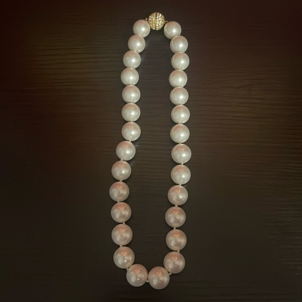 Large White Pearl CZ Studded Clasp Necklace